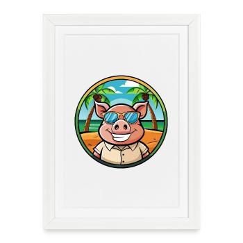 Cochon Drôle Dessin Animé Plage D’été Lunettes De Soleil Autocollant - Affiche encadrée (27 × 37 cm) - blanc - Devant