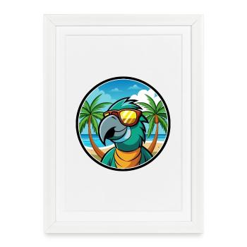 Perroquet Drôle Dessin Animé Plage Été Lunettes De Soleil Cool - Affiche encadrée (27 × 37 cm) - blanc - Devant