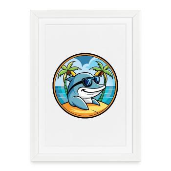 Dauphin Drôle Dessin Animé Plage D’été Lunettes De Soleil Cool - Affiche encadrée (27 × 37 cm) - blanc - Devant