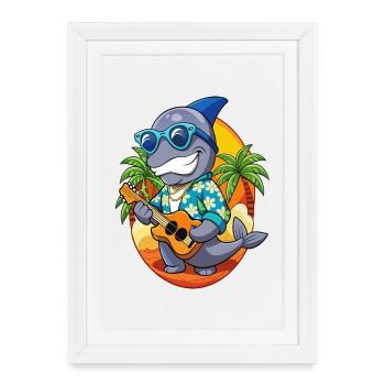Drôle Baleine Dessin Animé Plage D’été Lunettes De Soleil Guitare - Affiche encadrée (27 × 37 cm) - blanc - Devant