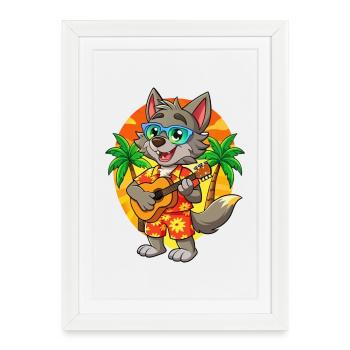Drôle de loup dessin animé plage d’été lunettes de soleil guitare - Affiche encadrée (27 × 37 cm) - blanc - Devant