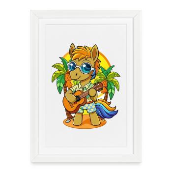 Drôle Pony Dessin Animé Plage D’été Lunettes De Soleil Guitare - Affiche encadrée (27 × 37 cm) - blanc - Devant