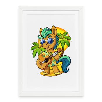 Drôle Pony Dessin Animé Plage D’été Lunettes De Soleil Guitare - Affiche encadrée (27 × 37 cm) - blanc - Devant