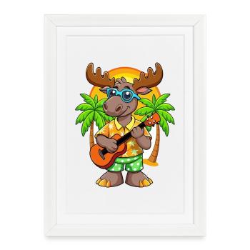 Drôle d’orignal dessin animé d’été plage lunettes de soleil guitare - Affiche encadrée (27 × 37 cm) - blanc - Devant