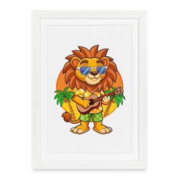 Funny Lion Cartoon Summer Beach Lunettes de soleil guitare - Affiche encadrée (27 × 37 cm) - blanc - Devant