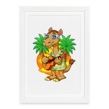 Drôle Camel Dessin animé Plage d’été Lunettes de soleil Guitare - Affiche encadrée (27 × 37 cm) - blanc - Devant