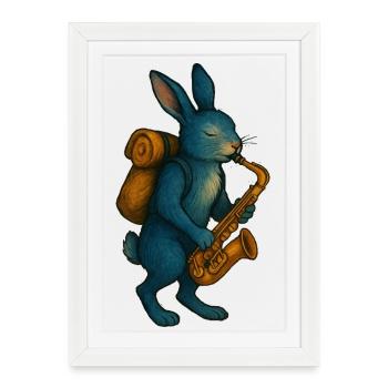 Lapin Bleu avec Saxophone - Affiche encadrée (27 × 37 cm) - blanc - Devant