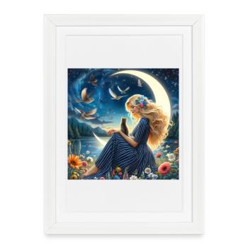 Rêve lunaire: fille bleue et fleurs - Affiche encadrée (27 × 37 cm) - blanc - Devant