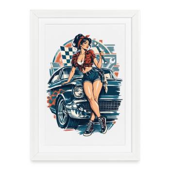 Hot Rod Pin-up Girl: 50s Muscle Car Mechanikerin - Gerahmtes Poster (27 × 37 cm) - Weiß - Vorne