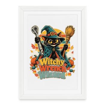 Halloween Hexenkatze Mechaniker Wizard - Gerahmtes Poster (27 × 37 cm) - Weiß - Vorne
