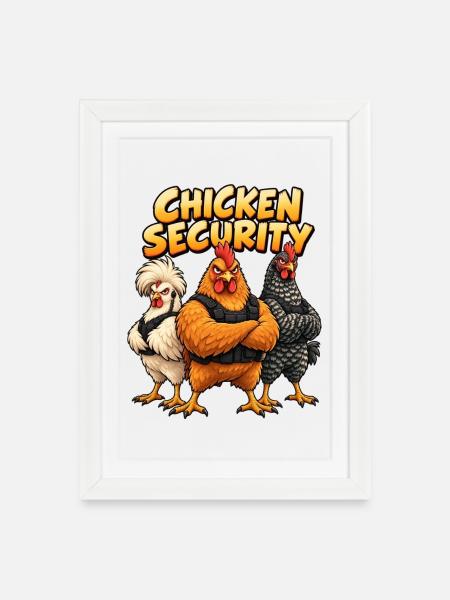 Hühner Security Team im Comicstil - Gerahmtes Poster (27 × 37 cm) - Weiß