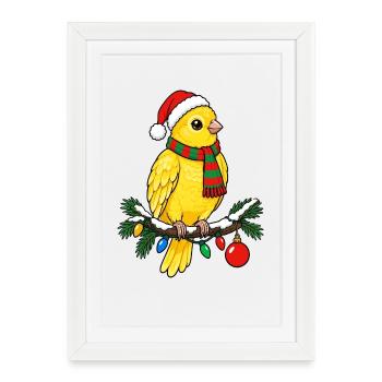  Gelber Kanarienvogel Mit Weihnachtsmütze - Gerahmtes Poster (27 × 37 cm) - Weiß - Vorne