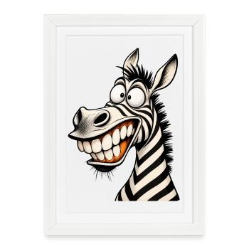 Lustige verrückte Zebra-Zeichentrick-Lächeln Tier-Humor-T-Shirt - Gerahmtes Poster (27 × 37 cm) - Weiß - Vorne
