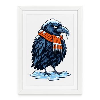 Eisrabe mit Orangen Schal - Gerahmtes Poster (27 × 37 cm) - Weiß - Vorne