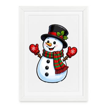 Winterlicher Schneemann mit Schal und Hut - Gerahmtes Poster (27 × 37 cm) - Weiß - Vorne
