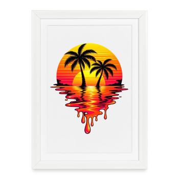 Sunset Neon Palm Melt - Gerahmtes Poster (27 × 37 cm) - Weiß - Vorne