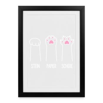 Katze Pfote Katzenpfoten Spiel Stein Papier Schere - Gerahmtes Poster (27 × 37 cm) - Schwarz - Vorne