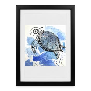 Tortue Monocle Illustration Aquarelle - Affiche encadrée (27 × 37 cm) - noir - Devant