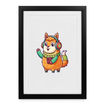 Lama Funny Cartoon Character Casquephone Musique - Affiche encadrée (27 × 37 cm) - noir - Devant