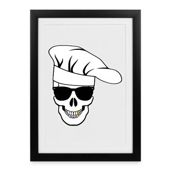 Crâne avec lunettes de soleil, toque de chef - Affiche encadrée (27 × 37 cm) - noir - Devant