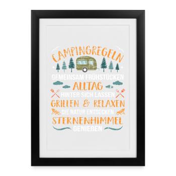 Camping Regeln Camper Natur Spruch Lustiges Campen - Gerahmtes Poster (27 × 37 cm) - Schwarz - Vorne