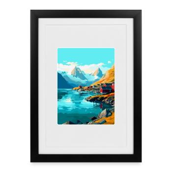 Affiche de voyage vintage des îles Lofoten en Norvège WPA - Affiche encadrée (27 × 37 cm) - noir - Devant