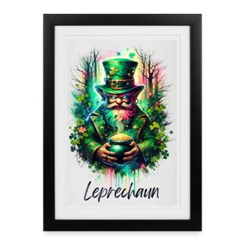 Leprechaun - Kleines Volk - Aquarell und Fee - Gerahmtes Poster (27 × 37 cm) - Schwarz - Vorne
