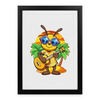 Lustige Biene Cartoon Sommer Strand Sonnenbrille Gitarre - Gerahmtes Poster (27 × 37 cm) - Schwarz - Vorne