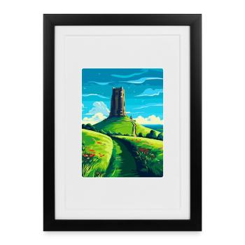 Glastonbury Tor Angleterre Royaume-Uni Affiche de voyage souvenir - Affiche encadrée (27 × 37 cm) - noir - Devant