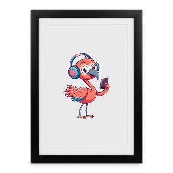 Flamingo Funny Cartoon Character Musique de casque - Affiche encadrée (27 × 37 cm) - noir - Devant