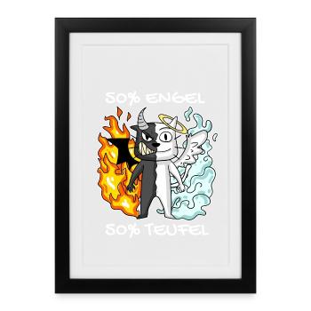 Katze Kater Engel Teufel Engel Böse Niedlich Miau - Gerahmtes Poster (27 × 37 cm) - Schwarz - Vorne