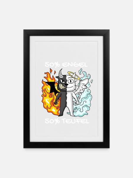 Katze Kater Engel Teufel Engel Böse Niedlich Miau - Gerahmtes Poster (27 × 37 cm) - Schwarz