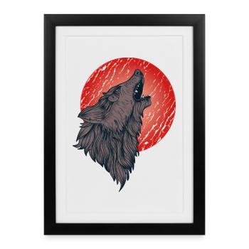 Loup hurlant, pleine lune - Affiche encadrée (27 × 37 cm) - noir - Devant