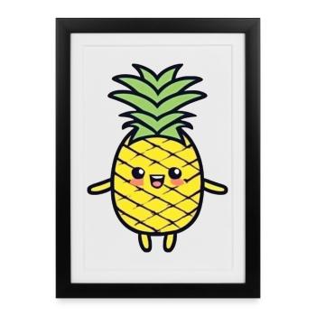 Fröhliche Ananas Cartoon-Charme - Gerahmtes Poster (27 × 37 cm) - Schwarz - Vorne
