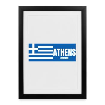 Ville d’Athènes avec drapeau grec - Affiche encadrée (27 × 37 cm) - noir - Devant