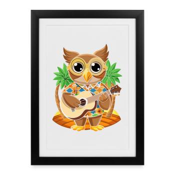 Lustige Eule Cartoon Sommer Strand Sonnenbrille Gitarre - Gerahmtes Poster (27 × 37 cm) - Schwarz - Vorne