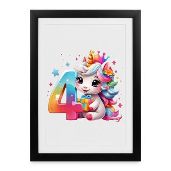 NUMMER 4 JAHRE EINHORN 4. GEBURTSTAG - Gerahmtes Poster (27 × 37 cm) - Schwarz - Vorne