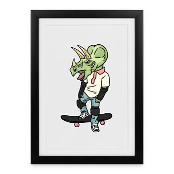 Wilder Triceratops Skateboarder - Gerahmtes Poster (27 × 37 cm) - Schwarz - Vorne