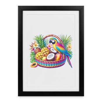 Corbeille de fruits avec perroquet - Affiche encadrée (27 × 37 cm) - noir - Devant