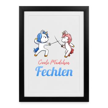 Coole Mädchen Fechten Einhorn Fechtkampf Fechter - Gerahmtes Poster (27 × 37 cm) - Schwarz - Vorne