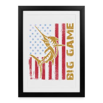 Marlin sauteur avec drapeau américain Pêche en haute mer - Affiche encadrée (27 × 37 cm) - noir - Devant