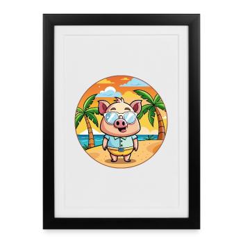 Cochon Drôle Dessin Animé Plage De Plage Lunettes - Affiche encadrée (27 × 37 cm) - noir - Devant