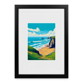 Bedruthan Steps Cornouailles Angleterre Royaume-Uni Affiche de voyage - Affiche encadrée (27 × 37 cm) - noir - Devant