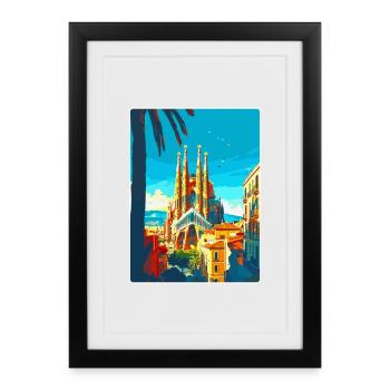 Barcelona Spanien Vintage Reiseplakat Souvenir WPA - Gerahmtes Poster (27 × 37 cm) - Schwarz - Vorne
