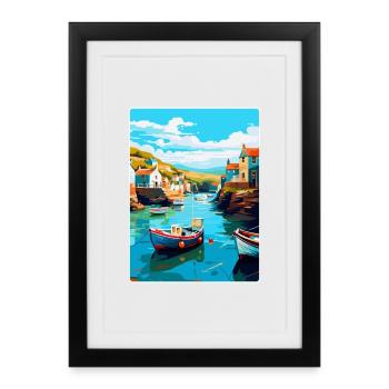 Port Issac England Uk Vintage Reiseposter WPA - Gerahmtes Poster (27 × 37 cm) - Schwarz - Vorne