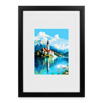 Lac de Bled, Slovénie, Affiche de voyage vintage, Souvenir - Affiche encadrée (27 × 37 cm) - noir - Devant