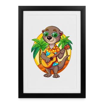 Drôle Otter Cartoon Summer Beach Lunettes de soleil Guitare - Affiche encadrée (27 × 37 cm) - noir - Devant
