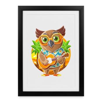 Lustige Eule Cartoon Sommer Strand Sonnenbrille Gitarre - Gerahmtes Poster (27 × 37 cm) - Schwarz - Vorne