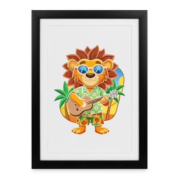 Funny Lion Cartoon Summer Beach Lunettes de soleil guitare - Affiche encadrée (27 × 37 cm) - noir - Devant