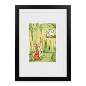 Discussion dans la forêt : Renard et Hibou - Affiche encadrée (27 × 37 cm) - noir - Devant